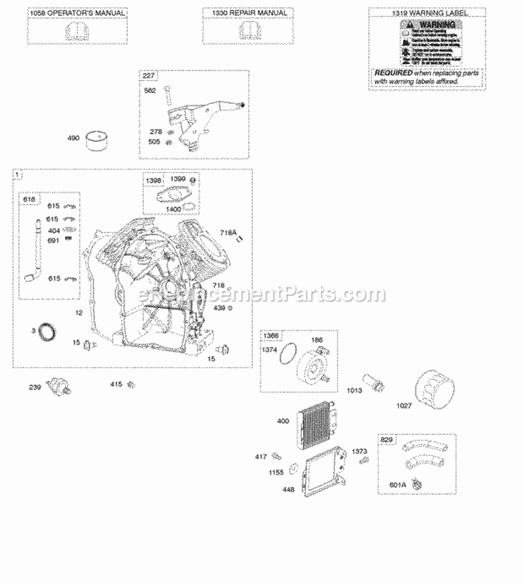 Cylinder Oil Cooler Diagram and Parts List for 611475-0119-E1  Briggs and Stratton Engine